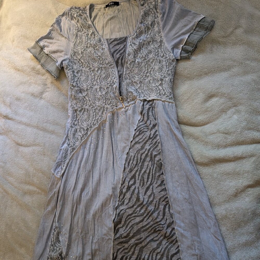 BIBA WOMEN'S DRESS Asymmetrical Pattern Silver Blue Lace Patchwork Print Layered